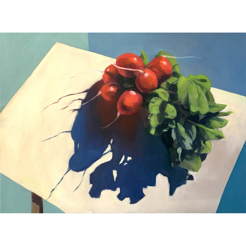 still life painting, contemporary still life, red and blue painting